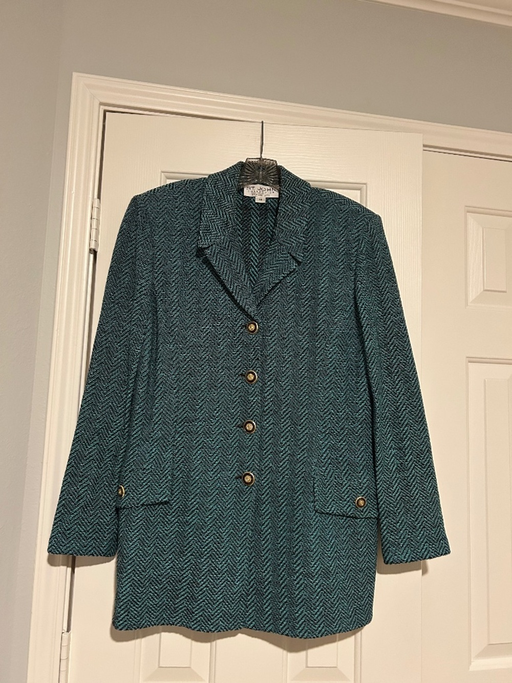 St. John Collection Blue/Black Herringbone Knit Jacket for Women Size 12 Winter!